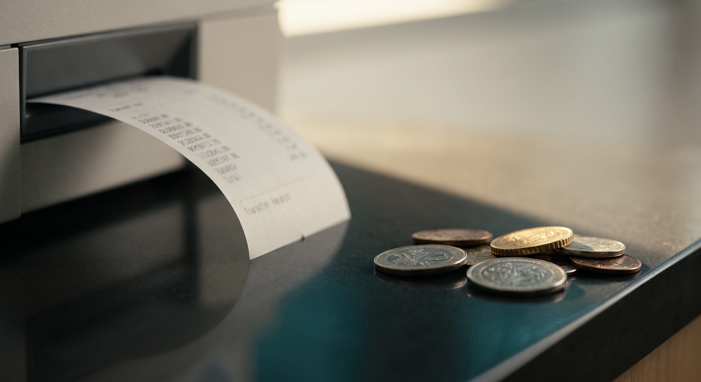 The Expat Edge Edition 24 - a macro still-life of a currency-exchange receipt curling from a machine with its numbers out of focus, beside sharply lit coins from three currencies on a dark polished counter, brand teal and gold palette