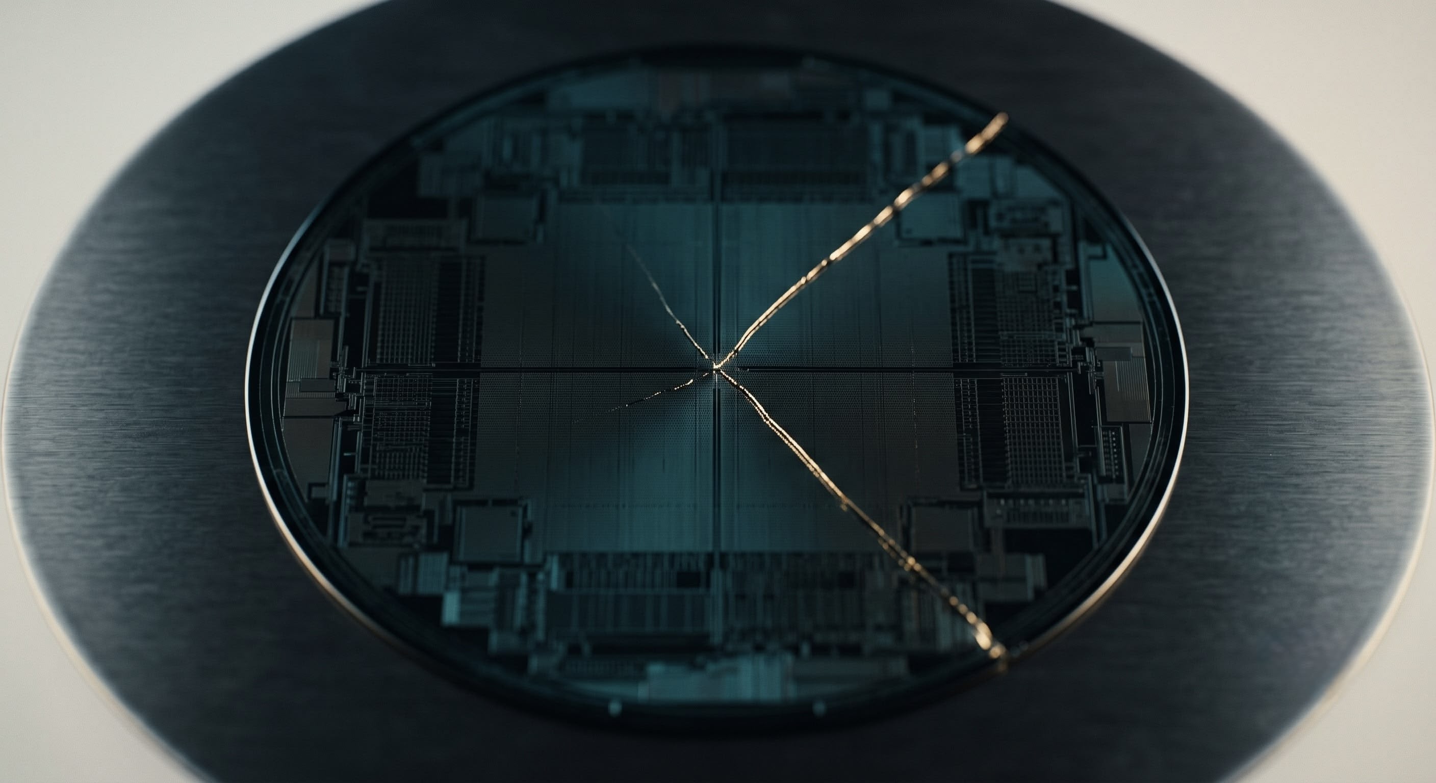 The Expat Edge Edition 25 - a macro overhead photograph of a single cracked silicon wafer on brushed steel, a hairline fracture catching warm gold light against a deep teal glow, brand teal and gold palette