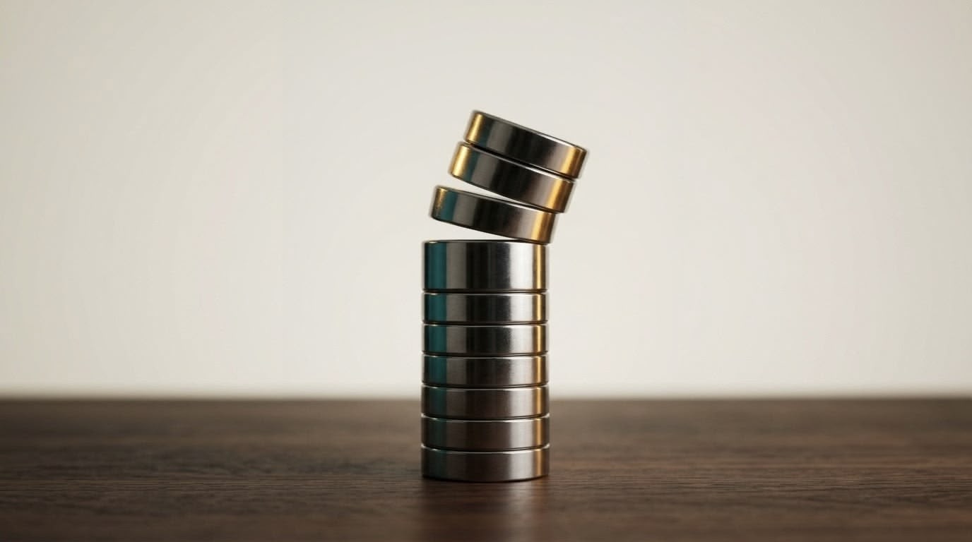 The Expat Edge Edition 26 - a stack of polished steel discs on a dark walnut surface with the top three sliding off and tipping, warm gold light catching their edges against a deep teal reflection, brand teal and gold palette