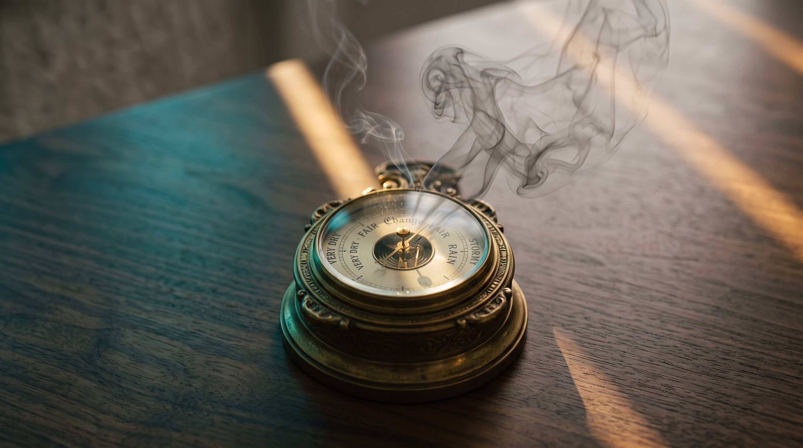 The Expat Edge Edition 27 - an ornate brass barometer on a dark walnut desk, its needle resting on Fair while a curl of storm-grey smoke drifts across the glass face, warm gold light on the casing against a deep teal reflection, brand teal and gold palette