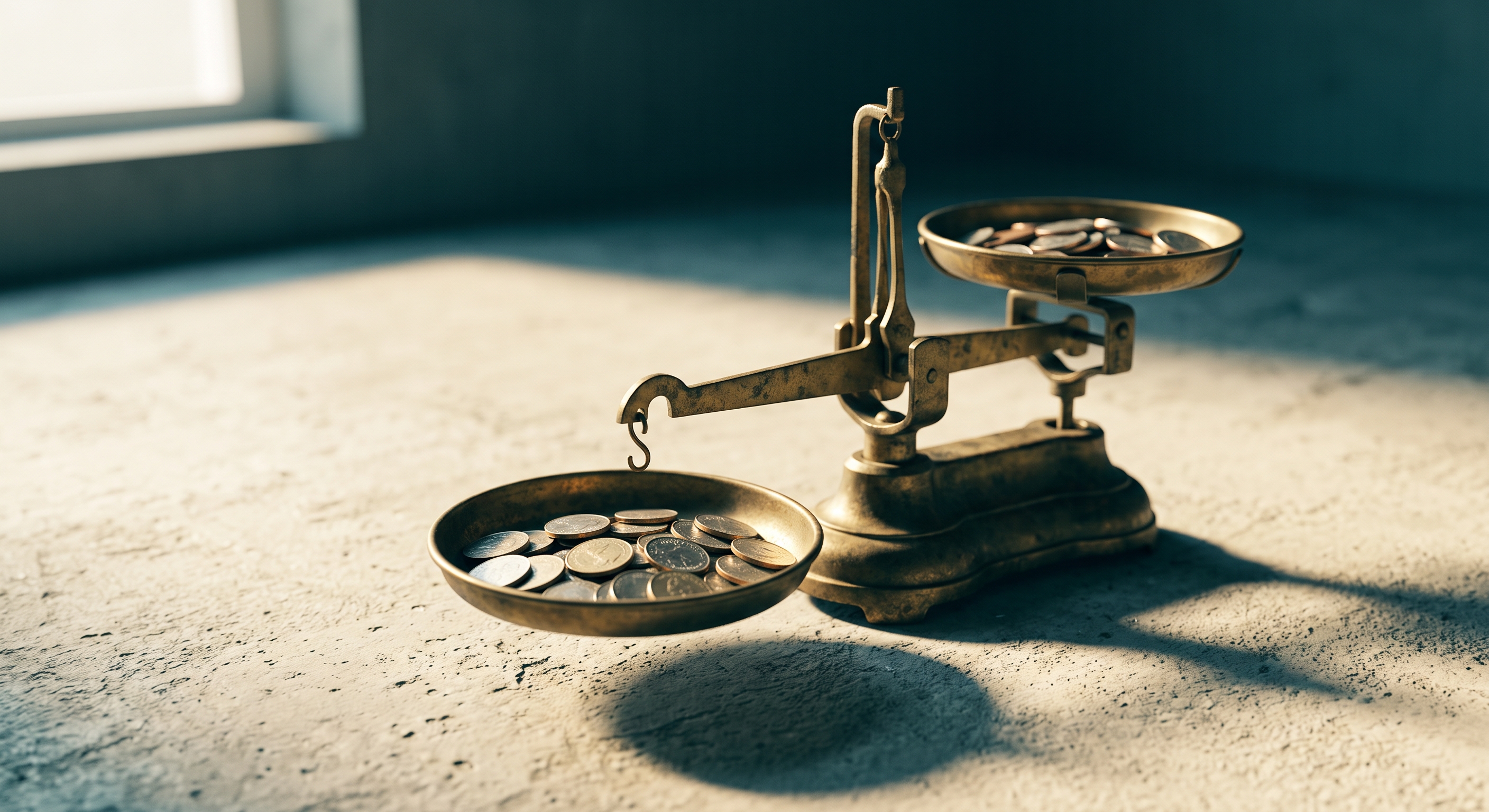 The Expat Edge Edition 28 - an antique brass balance scale on a bare concrete surface, loose coins in both shallow pans with one hanging lower than the other, low morning light picking out the worn patina, brand teal and gold palette